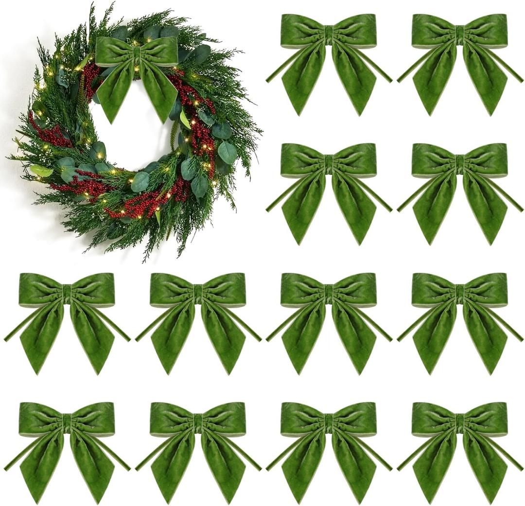 12Pcs Velvet Ribbon Bows - 4x4 Inch Christmas Tree Bow for Xmas Tree, Wreath, Garland, Fireplace,Staircase, Window, Cabinet, Gift Wrapping Holiday Wedding Home Decoration (Moss Green)