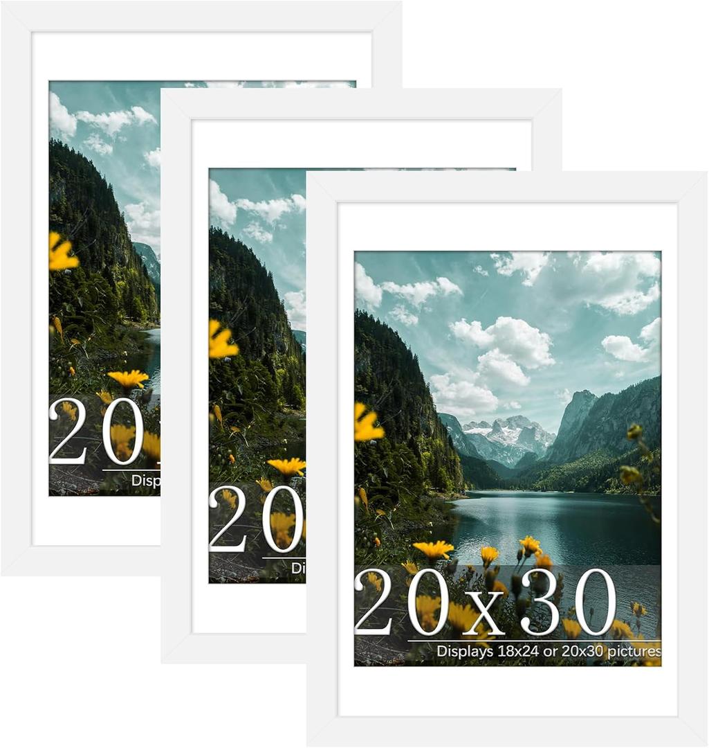Picrit 20x30 Frame 3 Pack, White Poster Frame, Display Poster 18 x 24 with Mat or 20 x 30 without Mat for Horizontal or Vertical Wall Mounting, White