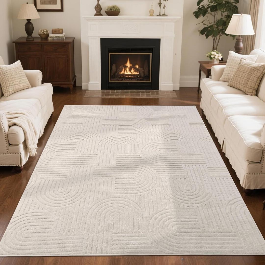 SHACOS Soft Cozy Fluffy Arch Pattern High-Low Pile Textured Area Rug 5'3"x7'3" Non Slip Washable Modern Geometric Rug Stain Resistant Contemporary Carpet for Living Room Bedroom Dining Room, Beige