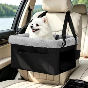 JOEJOY Deluxe Dog Booster Seat with Sturdy Metal Frame and Safety Leash for Small Pets up to 20 lbs - Portable Puppy Dog Car Seat with Thick Cushion and Storage Pockets for Small Dogs