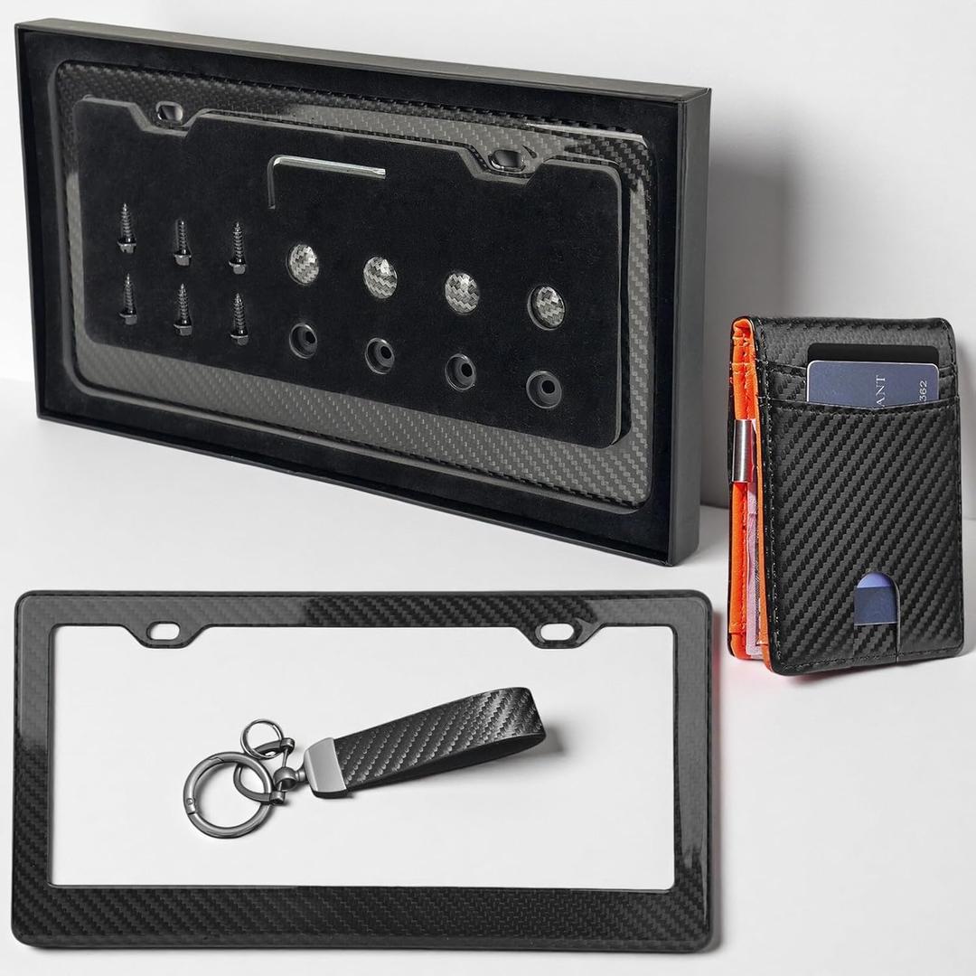 100% Real Carbon Fiber License Plate Frame & Anti-Theft Cards Wallet & Keychain Gift Set | 3-Piece Car Interior Upgrade with Screw Caps, Rattle Proof Pad, Anti-Rattle