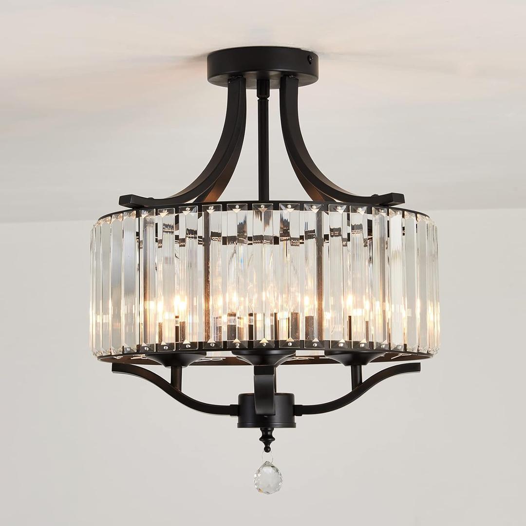 Modern Crystal Chandelier 4 Lights Black Semi Flush Mount Ceiling Light Fixture E12 Metal Farmhouse Chandelier for Dining Room Bedroom Hallway Entryway Kitchen