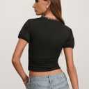 CSDAJIO Women's Short Sleeve Deep V Neck Lace Top Ruhced Front Low Cut T Shirt Fitted Cropped Tee (S)