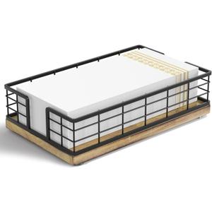 Wican Guest Towel Holder Tray for Bathroom, Oak and Iron Napkins Holder for Powder Room Dinning Table Wooden Basket for Disposable Paper Hand Towels Black and Farmhouse Brown (9.06 x 5.51 x 2.56 inchs)