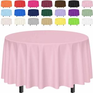 SietDESEO 2 Pack Light Pink Tablecloth Round 84 x 84 Plastic Table Cover Waterproof Pink Table Cloth Disposable for Wedding Birthday Baby Shower Party Picnic Circle Tablecloth