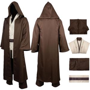 Jedi Robe Costume Outfit 4PCS, Jedi Tunic Pant Belt Suit for Adult Men Halloween Cosplay Outfit, Brown (XX-Large)