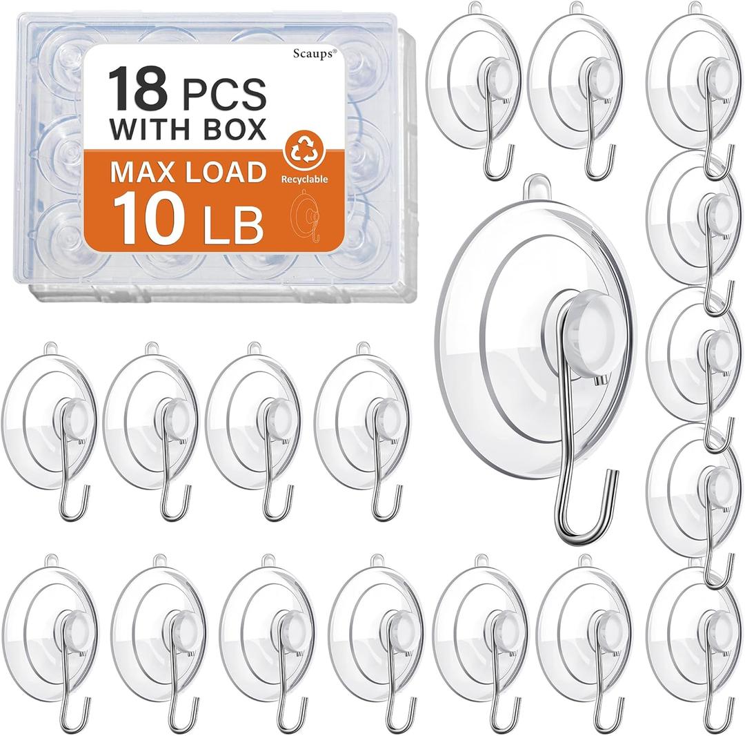18 Pack Suction Cup Hooks Max Load 10LB, 1.77Inch Suction Cup Hook for Glass Window, Reusable, Suitable for Glass, Windows, Bathrooms, Kitchens, Tiles, Shower Cubicles