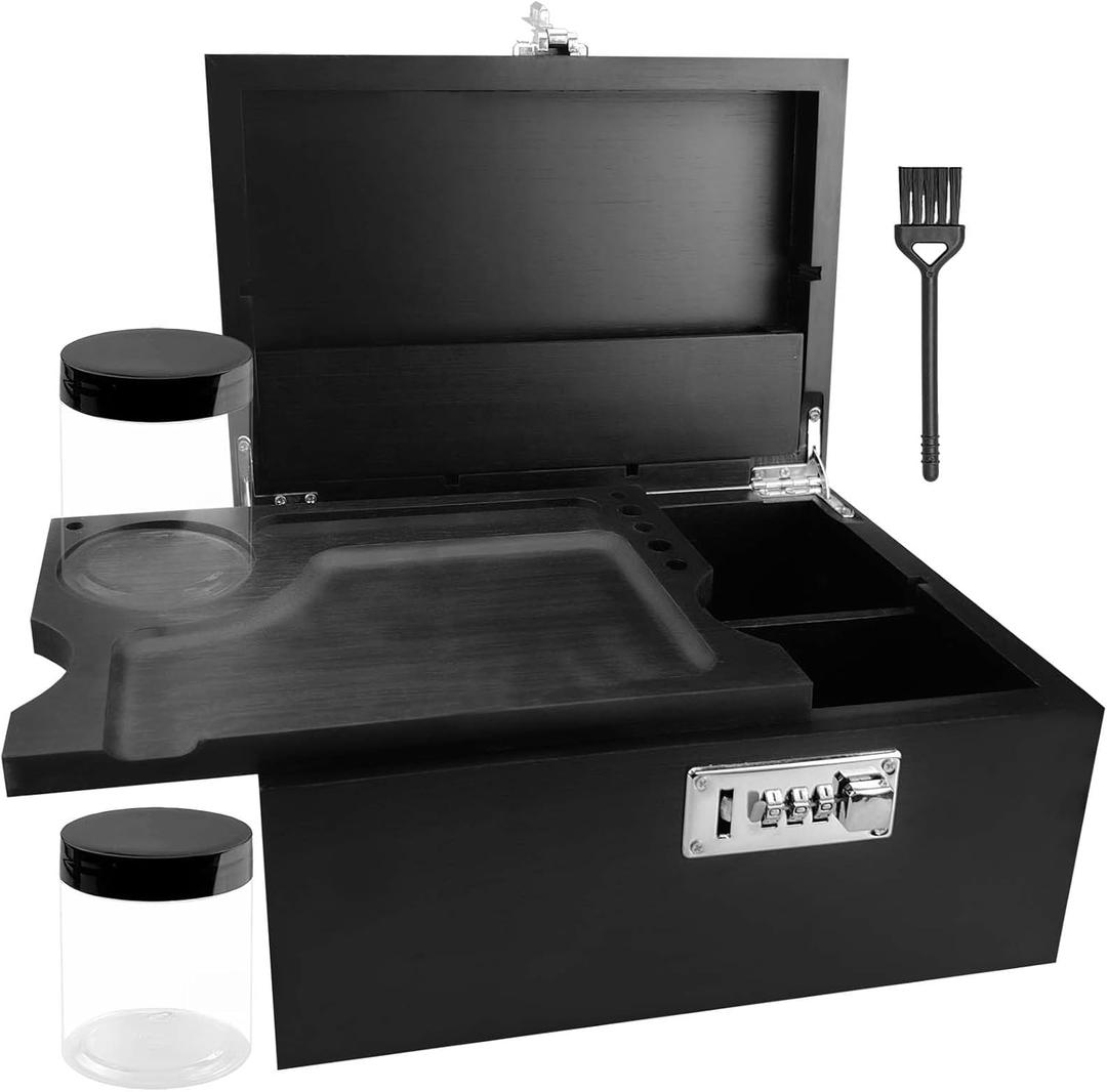 MPROCU Large Bamboo Stash Storage Box with Lock, Decorative Box Set Includes Jars & Brush Black