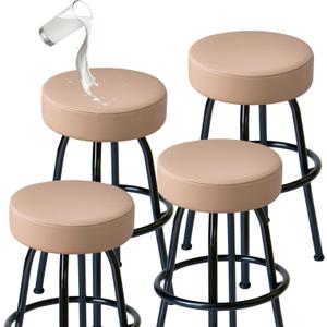 FUANGUI Bar Stool Covers Round Set of 4, Waterproof PU Bar Stool Seat Covers with Elastic Bands,Bar Stool Chair Covers Washable Stool Cushion Slipcover for 16-18 Inch - Khaki