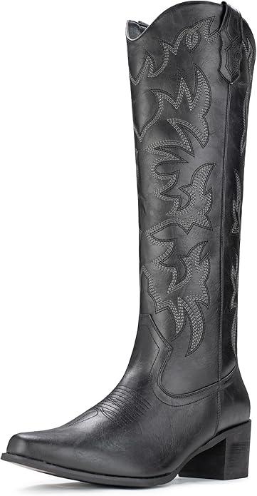 IUV Cowboy Boots For Women Knee High Western Cowgirl Boots Snip Toe Side Zipper Chunky Heel 9