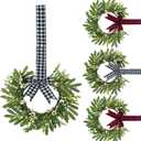 13.8 Inch Mini Wreath Set of 4, Interchangeable Red & White Buffalo Plaid Bows, Rustic Farmhouse Decor with Olive Leaves & White Berries for Staircase, Front Door, Porch