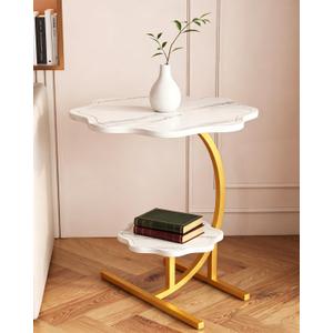 2 Layers Flower Shape Marble Texture Small C-Shaped Side Table,Snack Side Table, End Table for Sofa SideTable,Bedside Table for Living Room Kitchen Garden Bedroom
