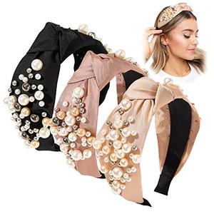 Ivyu Headbands - Knotted Pearl Diademas Para Mujer De Moda Hair Accessories Hairbands for Girls No Slip Fashion Cute Top Knot Headband Gift for Women Black Pink Beige 