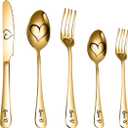 WORTHBUY Flatware Set Portable Dinner Knives Forks Spoon Silverware Set Stainless Steel Flatware 5 Pieces Untensils Tableware Dishwasher Safe (Heart Pattern, Gold)