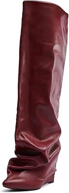 Yishaweiqi Ruched Slouchy Over The Knee Boots for Women Covered Wedge Heel Wide Calf Pointed Toe Casual Thigh High Boots 8.5