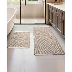 Furicher Waffle Bath Mat Set, Non Slip Bathroom Rugs Sets 2 Piece, Ultra Absorbent Long Bath Rug Runner for Bathroom Boho Chic Decor, Machine Washable Floor Mats, Brown & White, 20"47" Plus 18"30"