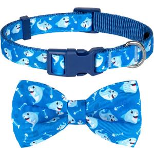 azuza Dog Collar with Bow Tie, Soft and Comfortable Adjustable Bowtie Dog Collar for Medium Dogs (M, Shark)