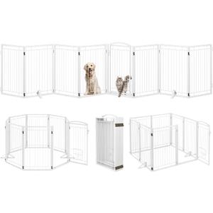 Metal Freestanding Dog Gate with Cat Door for Indoor/Outdoor,160" Extra Wide Foldable Pet Gate,32" Tall Foldable Indoor Dog Fence for Large Openings Stairs,Deck,Yard,Doorways(8 Panels,White)
