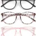 IBOANN Chic & Comfy Blue Light Glasses for Women - 3-Pack Round Frames, Screen-Ready Style with UV Protection Coating (A4 Matte Black & Leopard & Clear Pink)
