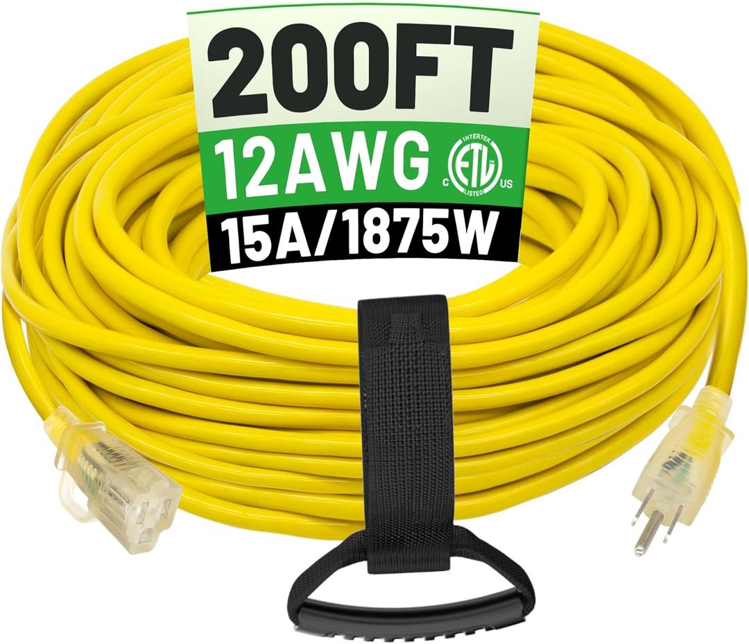 POWGRN 200 ft 12/3 Outdoor Extension Cord Waterproof Heavy Duty with Lighted End 12 Gauge 3 Prong, Flexible Cold-Resistant Long Power Cord Outside, 15Amp 1875W SJTW Yellow ETL Listed