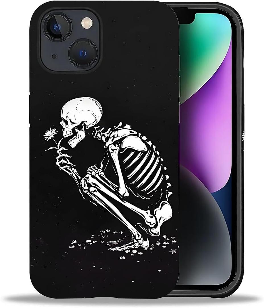 Compatible with iPhone 13/iPhone 14 Case, Skull Flower Black Pattern Print Matte Phone Case Funny Liquid Silicone Case Impact Resistant Anti-Scratch Shockproof Protective Cover
