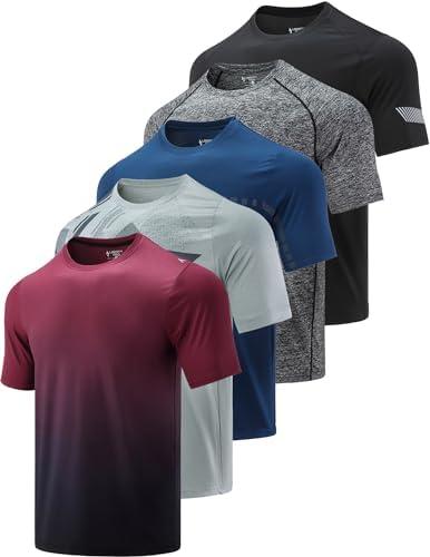 5 Pack Men’s Active Quick Dry Crew Neck T Shirts | Athletic Running Gym Workout Short Sleeve Tee Tops Bulk, L