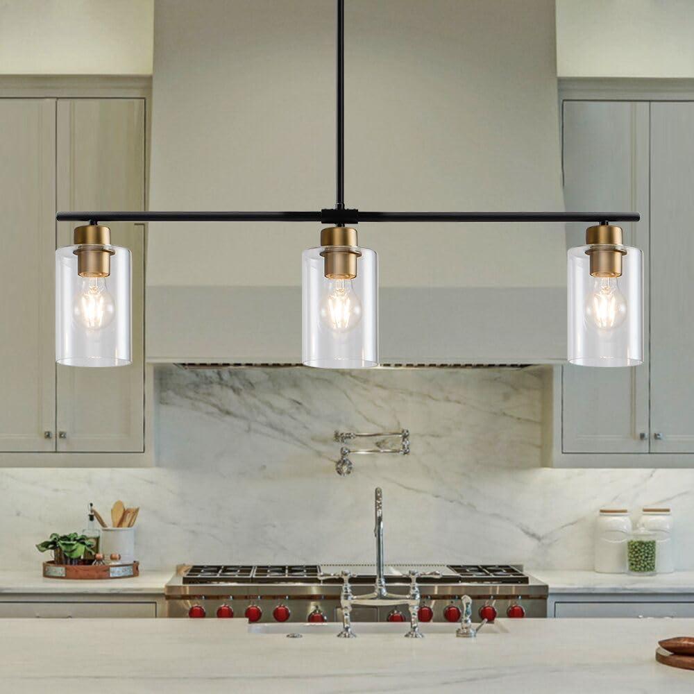 HuisMier Kitchen Island Lighting, 3 Lights Linear Farmhouse Chandelier, Black and Gold Dining Room Light Fixture with Glass Shades, Modern Pendant Light Fixture for Kitchen Island Living Room Foyer