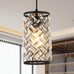 Black Crystal Pendant Lights Kitchen Island, Modern Mini Chandelier, Adjustable Hanging Ceiling Light Fixture for Kitchen Dining Room Bedroom Foyer Bar (1 Pack)