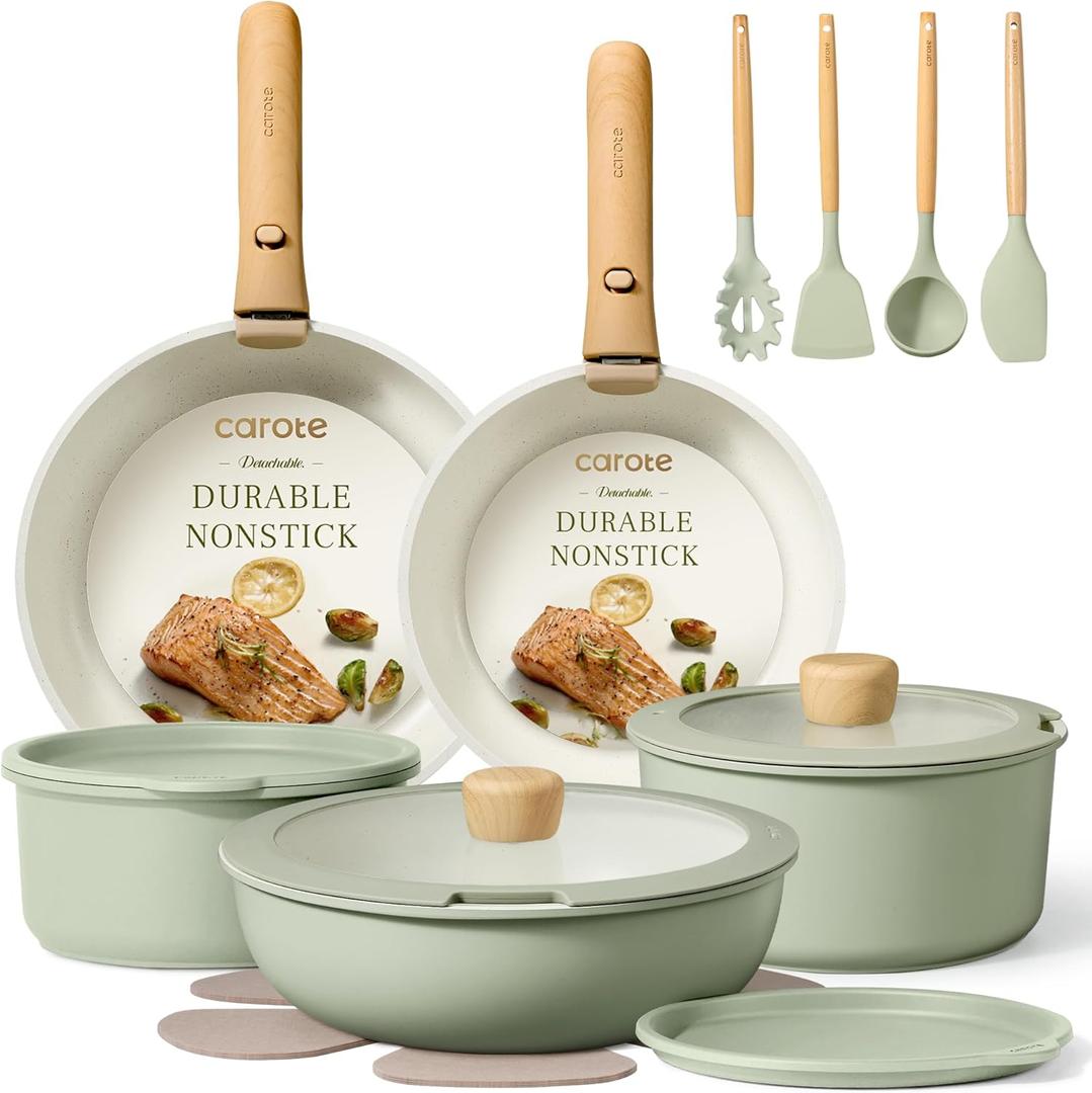 CAROTE Pots and Pans Set, Nonstick Cookware Set Detachable Handle, 19pcs Induction Kitchen Cookware Sets Non Stick with Removable Handle, RV Cookware Set, Oven Safe, Sage Green