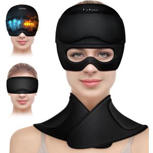 3 in 1 Migraine Relief Cap Neck Ice Pack Wrap Gel and Ice Eye Masks, Detachable Ice Caps with Eyes Masks, Hot and Cold Therapy for Relief of Headaches, Stiff Neck and Eye Fatigue (Black)