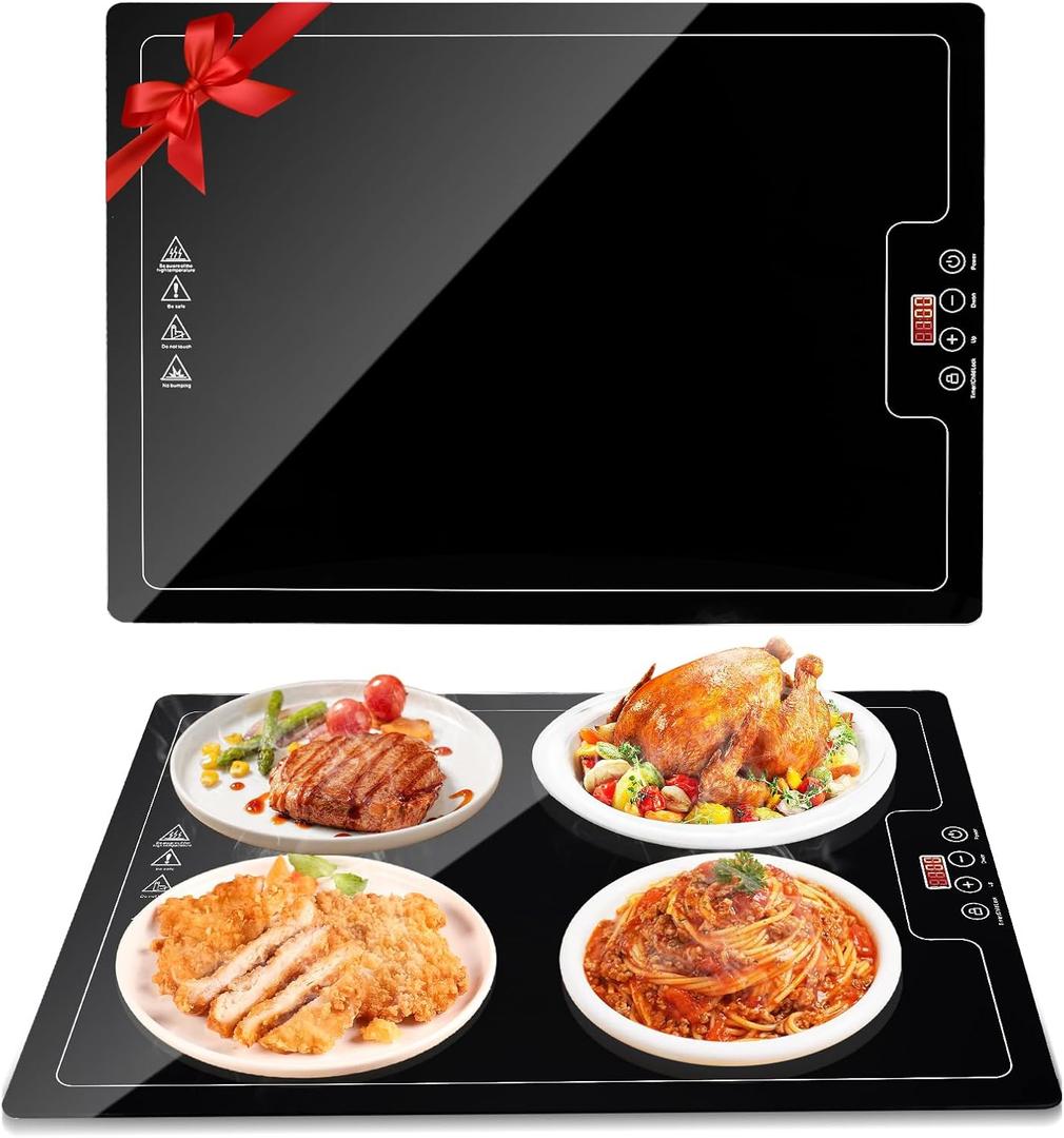 Electric Heat Warming Tray, 20"x15" Full Surface Mat Warmer With Thermostat, Digital Display,Support 104~284, Timer (30min-24hrs), Perfect For Parties Buffet, Countertop, Heat-Resistant Glass (Medium, Black)