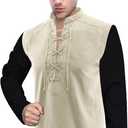 Men's Renaissance Costume, Pirate Shirt, Retro Lace-up Style for Medieval, Viking, Hippie and Halloween Cosplay (Beige, L)