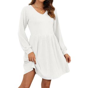 AUSELILY Womens Fall Dress 2025 Long Sleeve V Neck Short Dress Lightweight Casual Knit Sweater Dresses with Pockets (X-Large, White)
