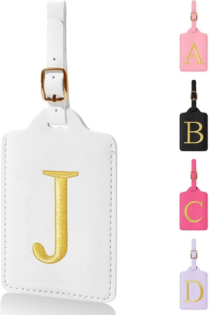 Personalized Initial Luggage Tags for Suitcases,Leather Letter Cute Luggage Tags with Privacy Name Card,Embroidered Monogrammed Travel Bag Backpack Tags Gifts for Women Kids Girls Teens(White-J)