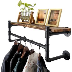 WEBI Wall Mounted Clothes Rack with Shelf,24" Industrial Pipe Clothing Rack with Shelves,Heavy Duty Iron Garment Bar,Retail Display Clothes Rod for Laundry Room,Black