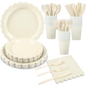 175 Pcs Ivory Paper Plates and Napkins, Beige Party Supplies Include Scalloped Cream Plates Napkin Cup Plastic Cutlery for Wedding, Bridal&Baby Shower, Birthday