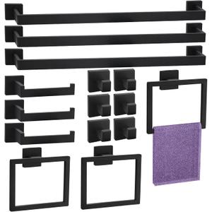 15 Pieces Bathroom Hardware Set, Matte Black Bathroom Accessories Set, Towel Racks for Bathroom, 23.6 Inch Bath Towel Bar Set Stainless Steel, Toilet Paper Holder Wall Mounted, Towel Ring, Towel Hook