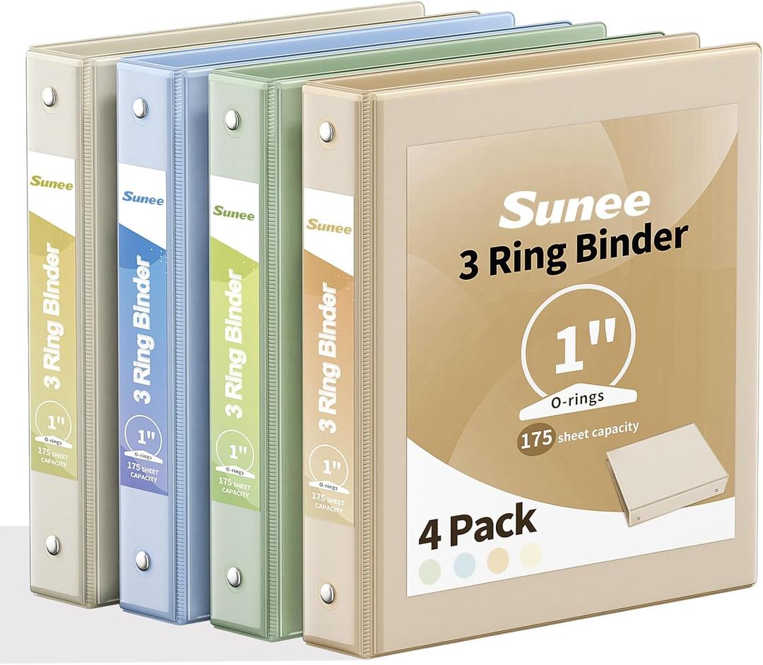SUNEE 3 Ring Binder 1 Inch 4 Pack, Clear View Binder Three Ring PVC-Free (Fit 8.5x11 Inches) for School or Office Supplies, Neutral Aesthetic