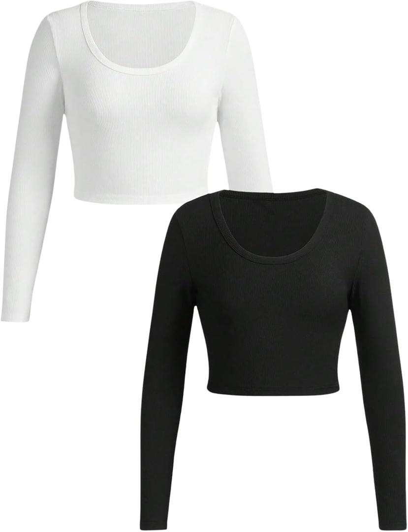 RoseSeek Girl's Long Sleeve T Shirt Slim Fit Crewneck Fall Basic Tees Ribbed Knit Crop Top for Girls (White, XS)