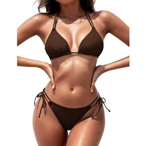 Women's Triangle Bikini Sets Two Piece Double Straps Halter Swimsuit Tie Side String Cheeky Bathing Suits (Large, Coffee)