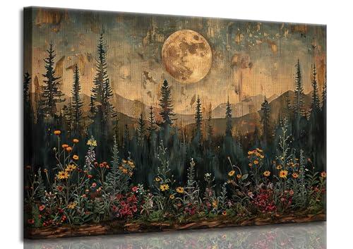 Full Moon Forest Canvas Wall Art Vintage Moonlit Pine Tree Mountains and Wildflowers Woodland Nature Landscape Picture Wall Decor Poster Print Artwork for Bedroom Living Room Home Decoration