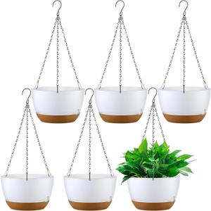 6 Pcs 10 Inch Christmas Hanging Planter Hanging Plant Pot Plastic Round Hanging Baskets for Plants Indoor Flower Pot with Drainage Holes Removable Trays for Garden Home Patio(White)