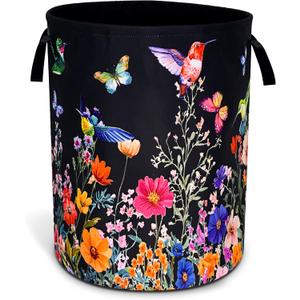 Hummingbird Flowers Laundry Basket Oxford Cloth Butterflies Laundry Hamper With Handle Foldable Portable Clothes Storage Basket 18.9 X 16.5 In Storage Bag For Laundry Room/Bathroom/Bedroom/Dormitories