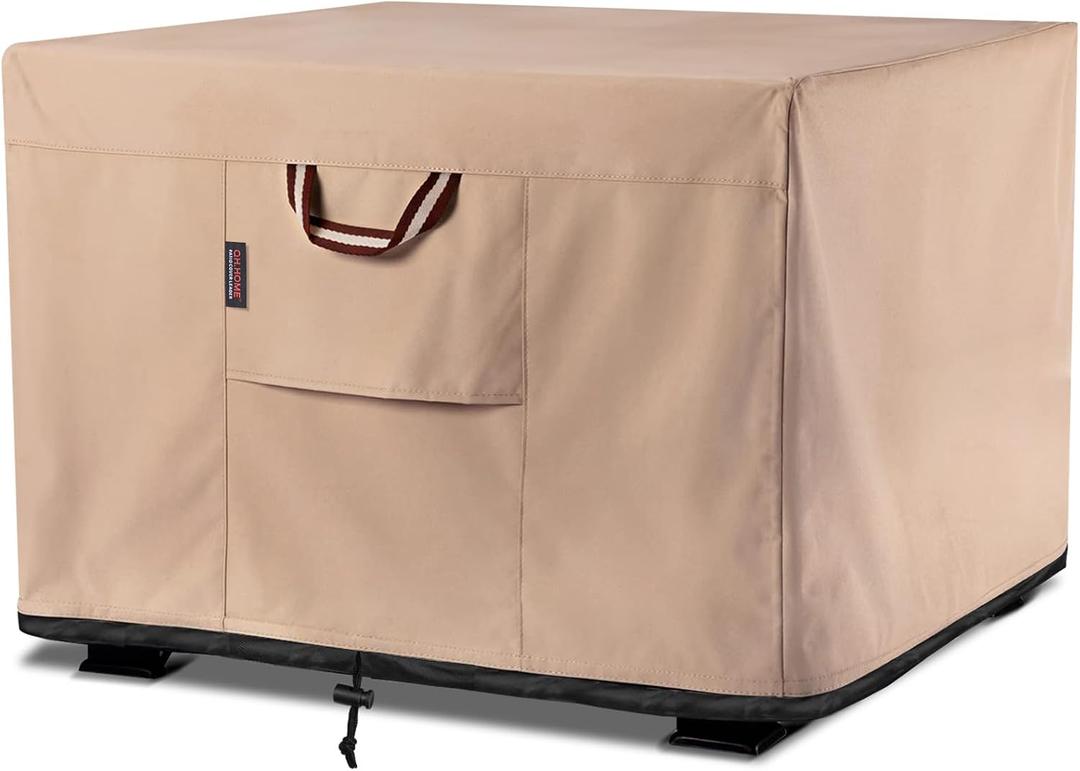 QH.HOME Fire Pit Cover Square-25-28 Inch Heavy Duty 900D Strong Tear-Resistant and UV Resistant and Waterproof and Fading Resistant Material Polyester Firepit Covers for Outdoor Fire Table-Wheat