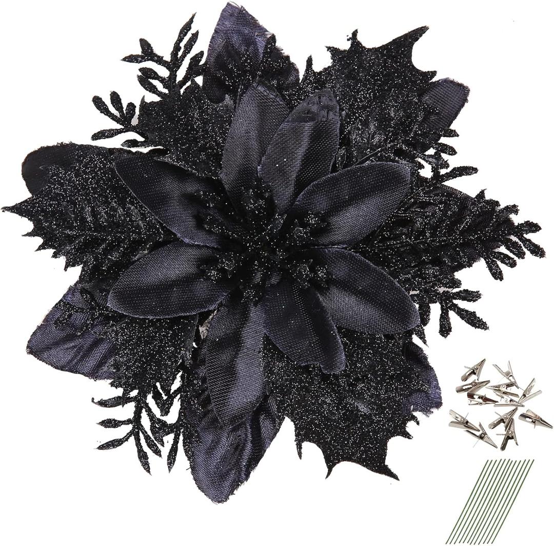 GREENTIME 12 Pcs Glitter Poinsettia 5.5" Artificial Flowers Christmas with Clips Stems Xmas Tree Ornaments for New Year Party Stairs Fireplace Porch Balcony Garden Church Wreath Decoration (Black)