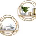 Oakrain Small Floating Shelves Set of 2, Wall Mounted Hanging Shelf with Gold Metal and Wood, Round Wall Shelves for Storage, Living Room Decor, Bathroom, Kitchen, Bedroom, Office