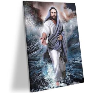 1Pcs Framed Jesus Walking On Water Wall Art Religious Christian Poster Print Inspirational Bible Canvas Artwork For Living Room Or Gallery Display Home Decor 12x16 Inch Ready To Hang