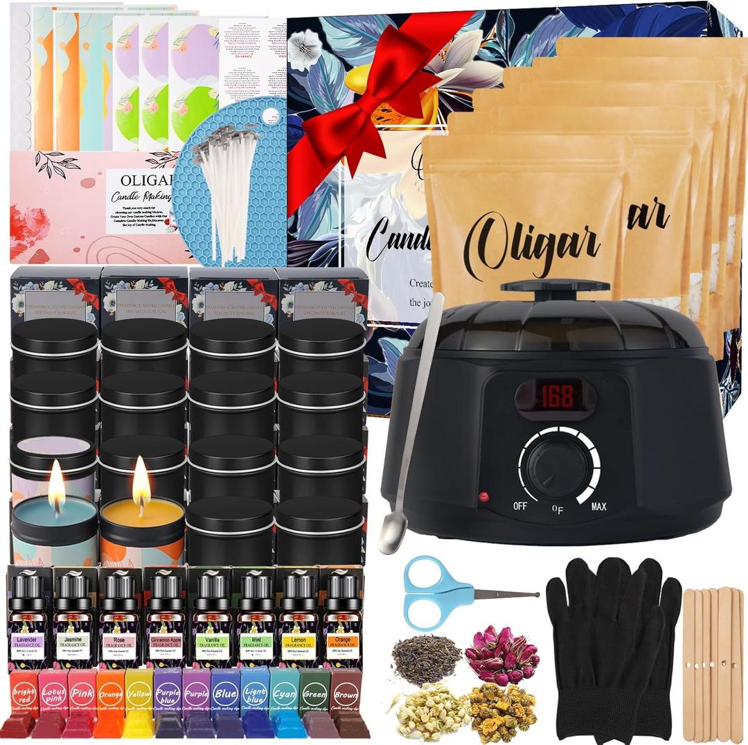 Complete Candle Making Kit with Wax Melter, Candle Making Supplies, Candle Making Kit for Adults, Beginners, Kids, Including Electric Stove, Wicks, Beeswax Wax, Rich Scents, Candle Tins, Dyes, Wick Clip