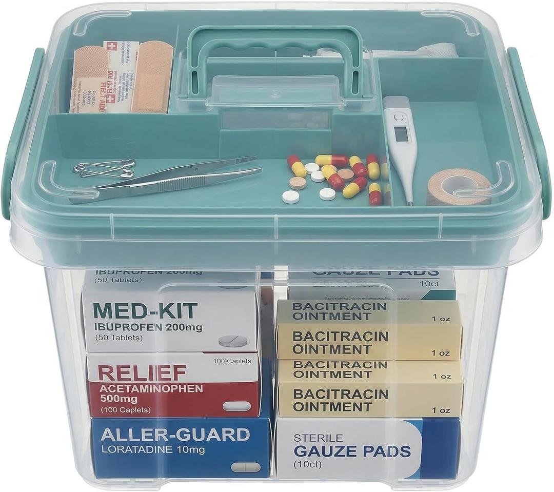 Pulseplay Clear Medicine Organizer Storage Box with Handle Medicine Organizer Box with Removable Tray Multipurpose Medicine Container Chest (Green)