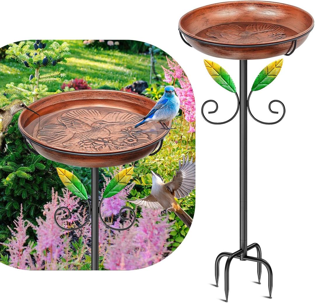 Metal Bird Bath for Outside Feeder Bowl, 38.8 Detachable Birdbath & Birdfeeder with Hummingbird Flower Reliefs, Vintage Birds Baths for Outdoors Garden Yard Lawn Decor (Bird Retro Brown)